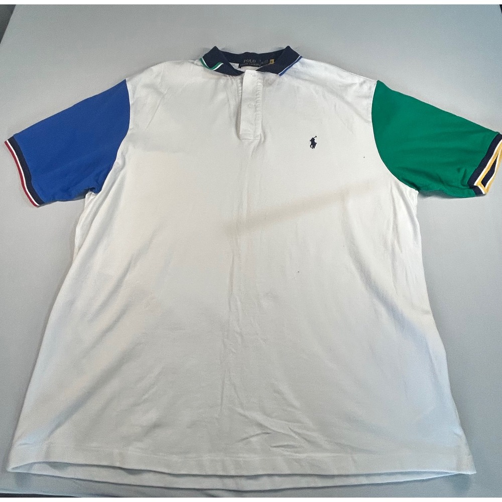 Polo Ralph Lauren Mens 2XLT Colorblock Polo Shirt White Blue Green Cotton Pique